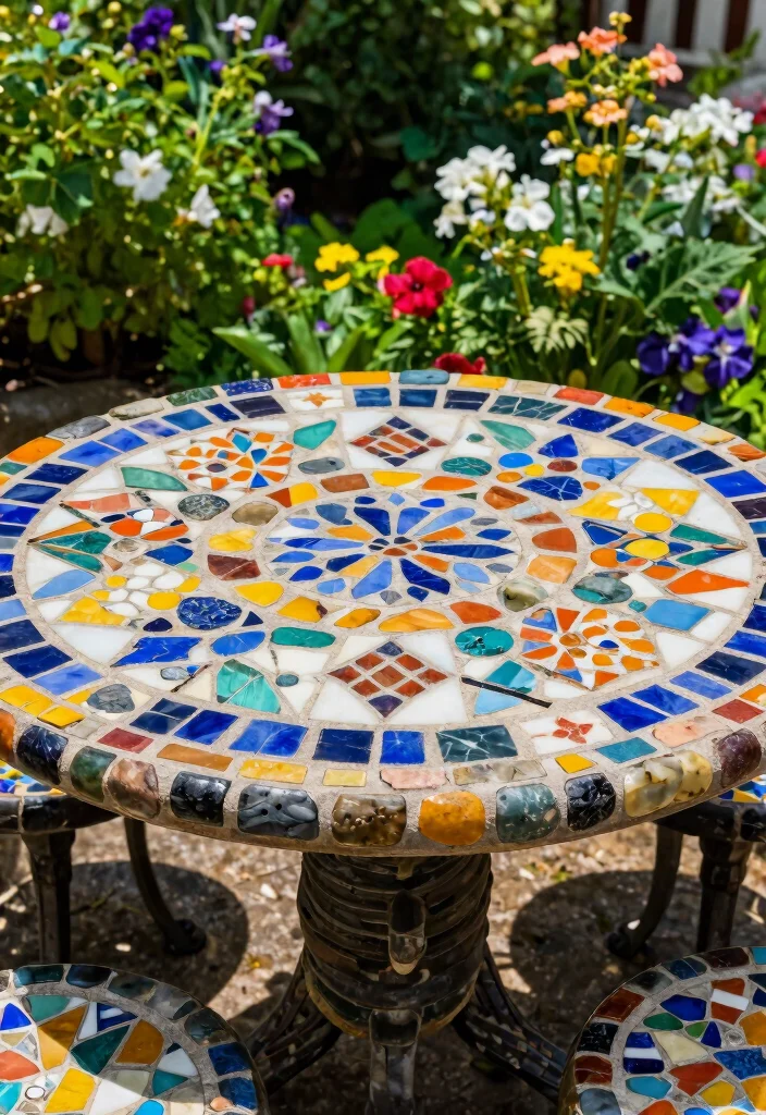 17 Unique Outdoor DIY Projects to Create Custom Garden Furniture (Get Inspired by #4!) - 14. Artistic Mosaic Table 1