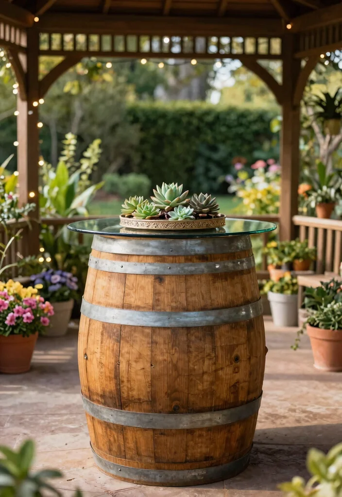 17 Unique Outdoor DIY Projects to Create Custom Garden Furniture (Get Inspired by #4!) - 5. Stylish Wine Barrel Table 1