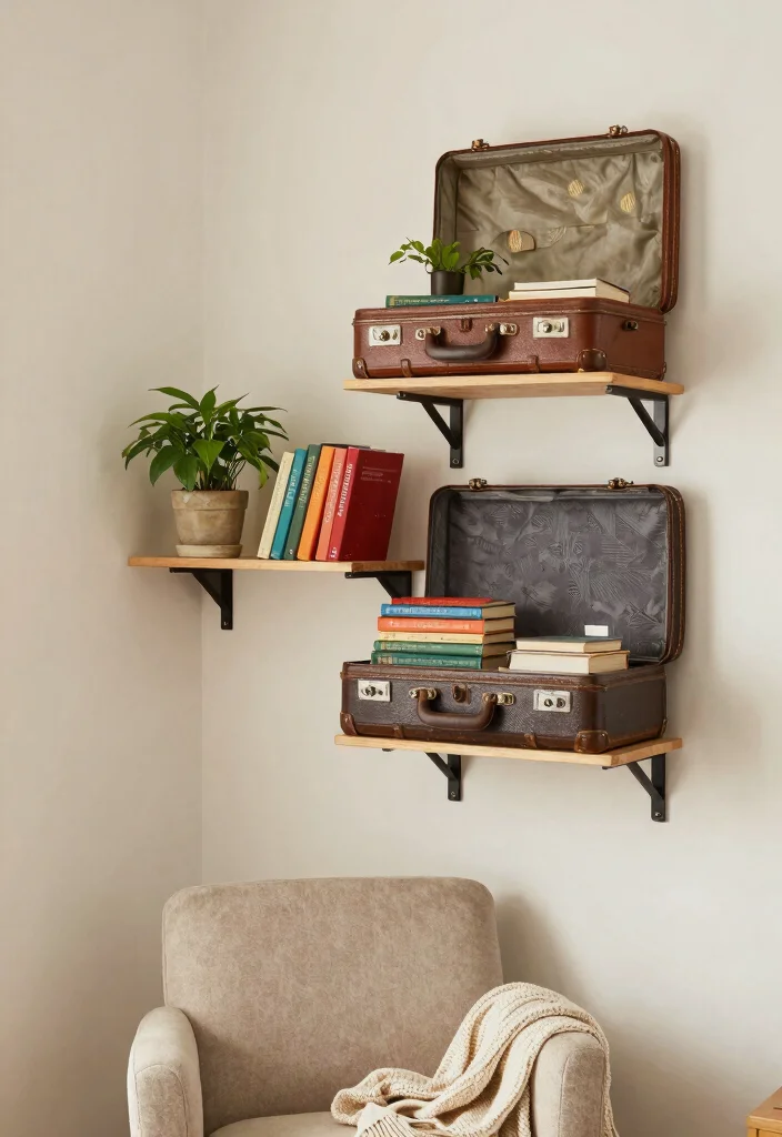 19 Trendy Upcycled Home Decor Ideas That Are Totally Affordable (#10 Will Surprise You!) - 3. Vintage Suitcase Shelves 1